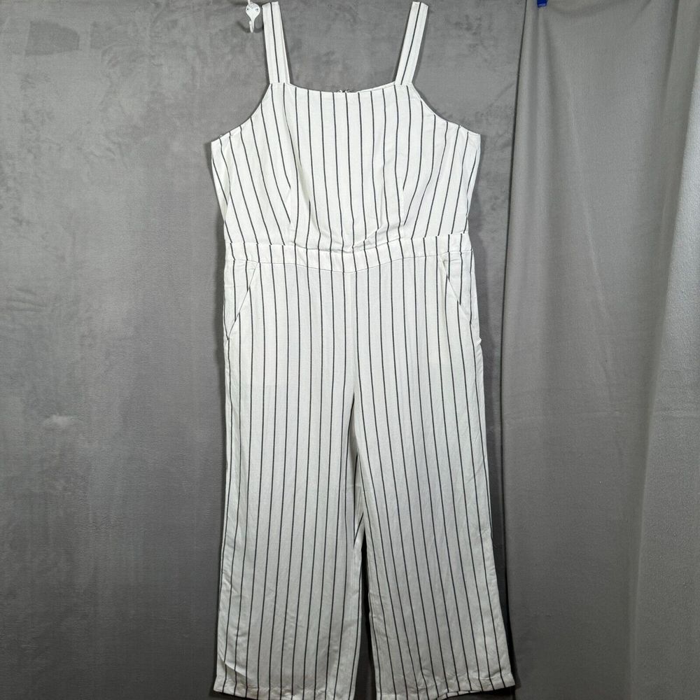 Loft Womens Linen Blend Jumpsuit XL White Black Stripe Sleeveless Wide Leg Boho - Picture 2 of 11